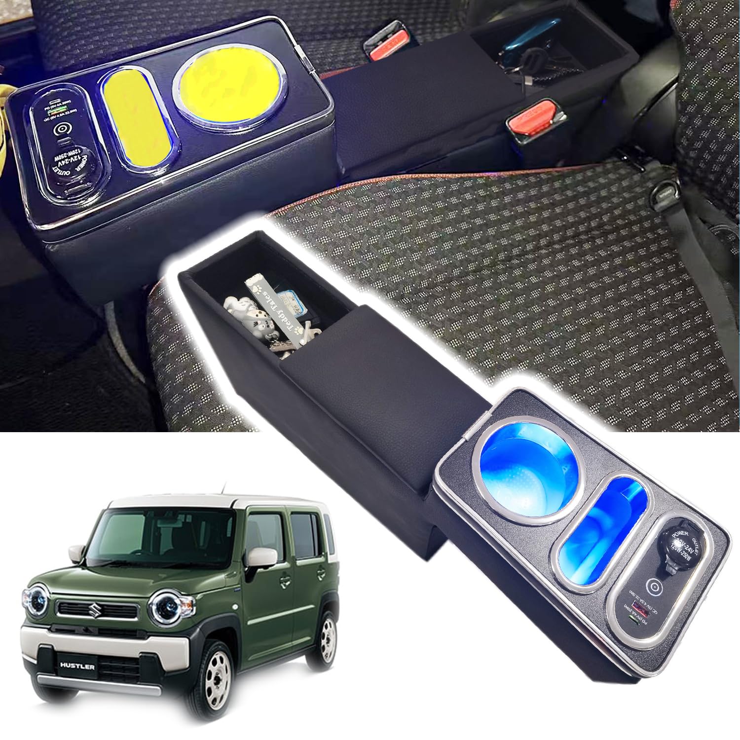 

Yotetat Подлокотник Suzuki Hustler с 7-цветной «дышащей» консольной коробкой для серии USB Большой емкости Легкое преобразование мелких предметов и окружающего света, Лампа,