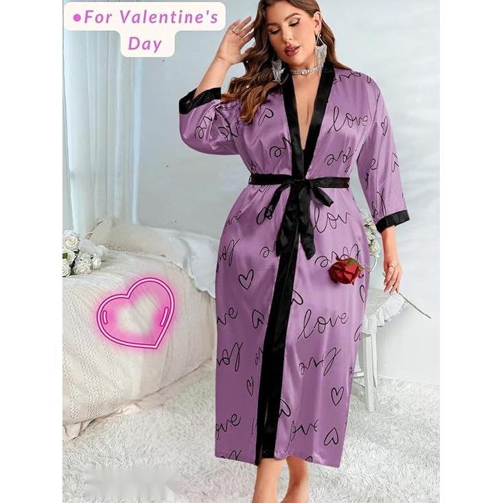 Women's Plus Size Valentines Robe, Sexy Satin Robe Long Sleepwear