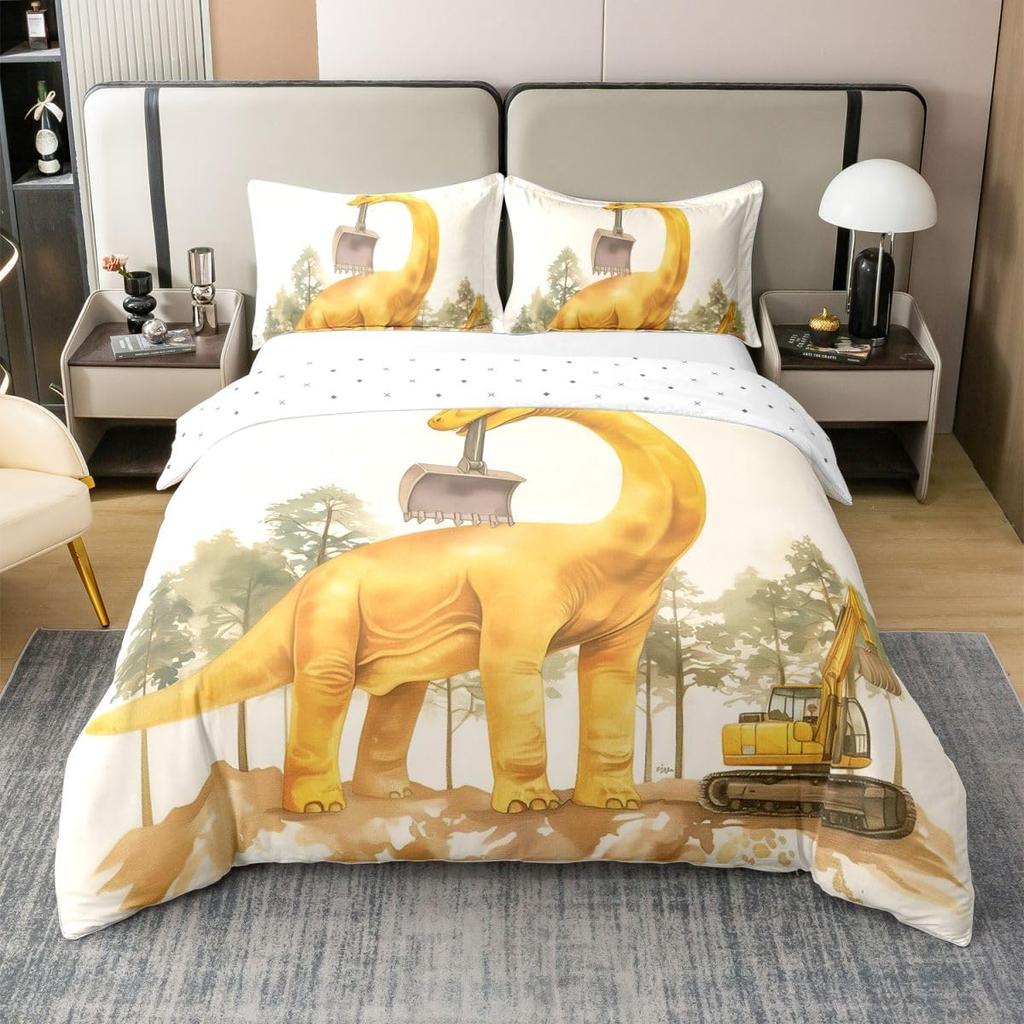 Dinosaur Bedding Sets King Size Excavator Duvet Cover Brachiosaurus Trees Excavator Quilt Cover Cartoon Dinosaur Bed Ding Set