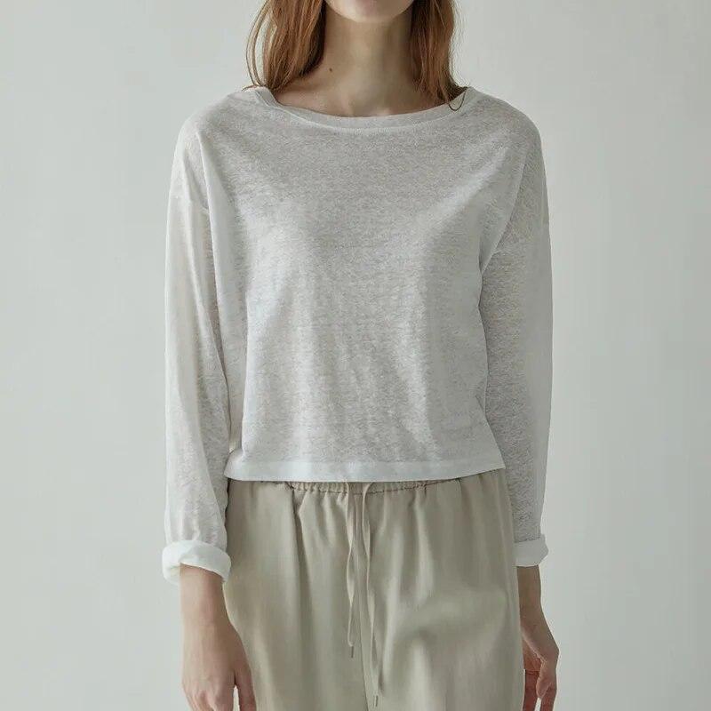 Johnature Spring Summer Long Sleeve T-Shirt Women Slouchy Cropped Underneath Simple Crewneck Thin Casual Tops
