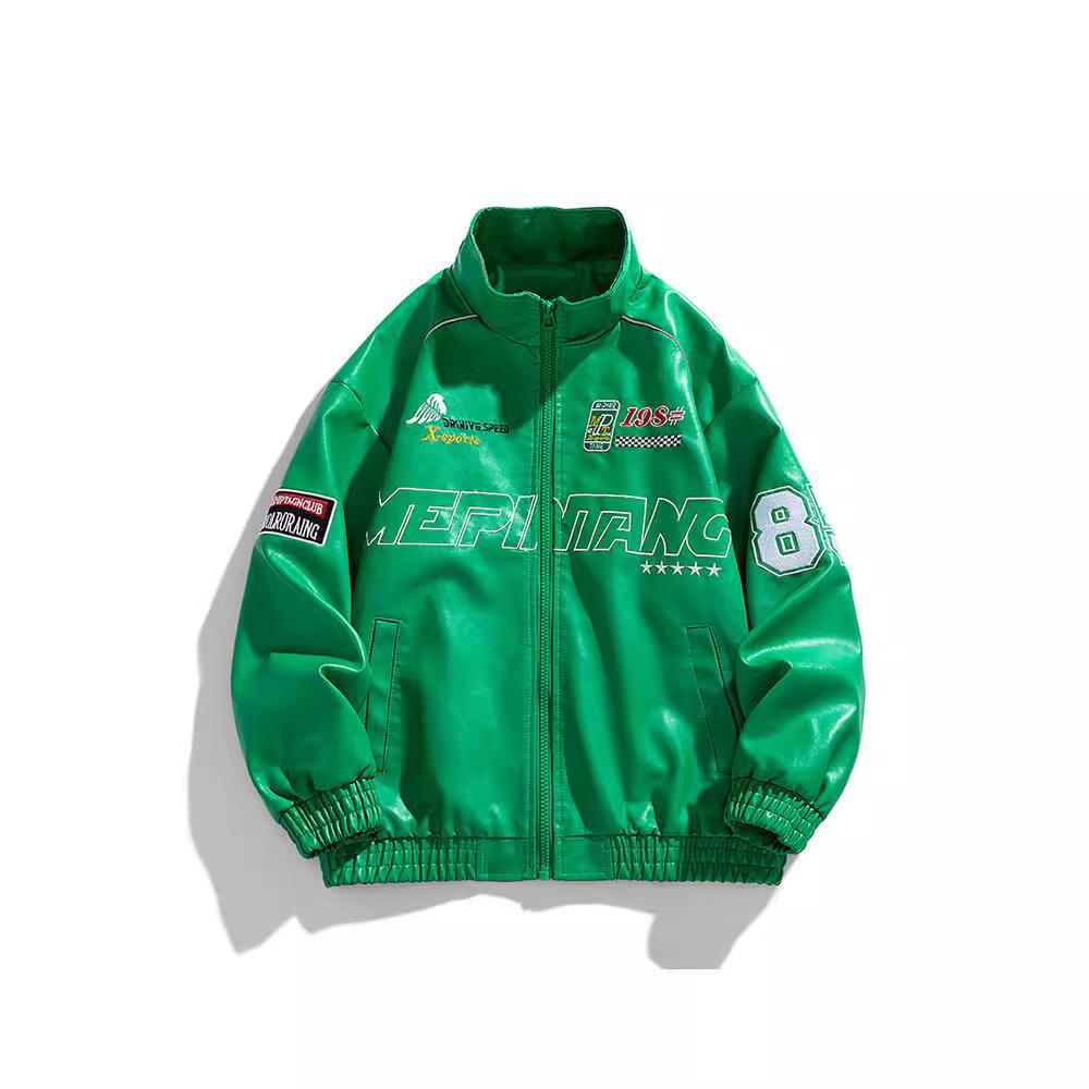 Leather jacket men's new autumn stand-up collar locomotive suit PU leather jacket trendy Hong Kong style embroidery American casual