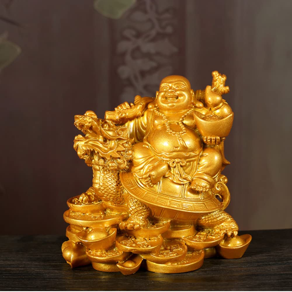 Hotei Buddha Seven Lucky Decorative Hotei Sitting On a Dragon Maitreya Auspicious Good Increases Feng Shui Item Statue, Figurine, Gods, Object,