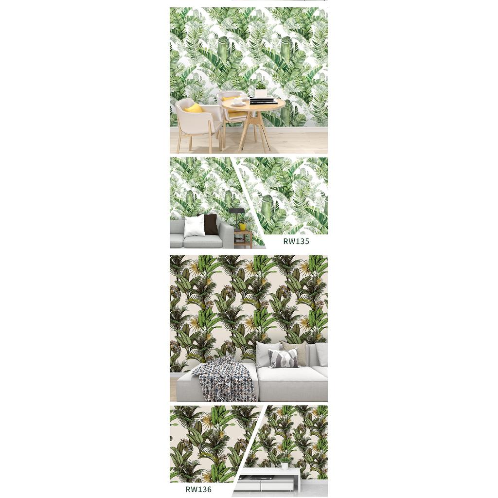 Removable Seamless Self-Adhesive Wallpaper for Living Room Background (Green Plants and Flowers)