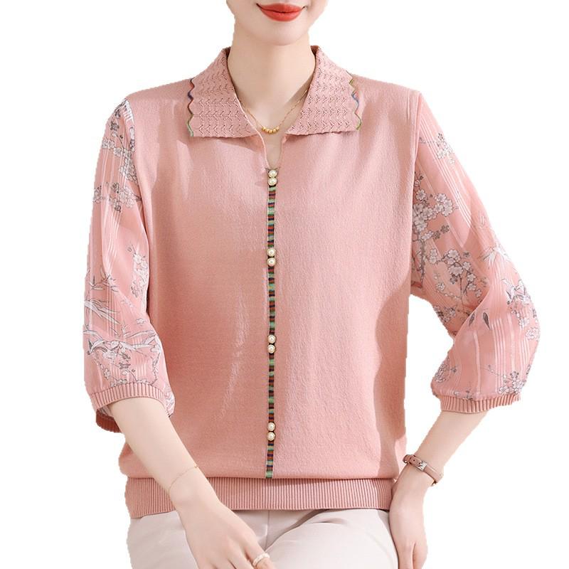 Spring-Summer 2025 Women's Three-Quarter Sleeve Knit Top with Stylish Lapel for Middle-Aged and Elderly Women