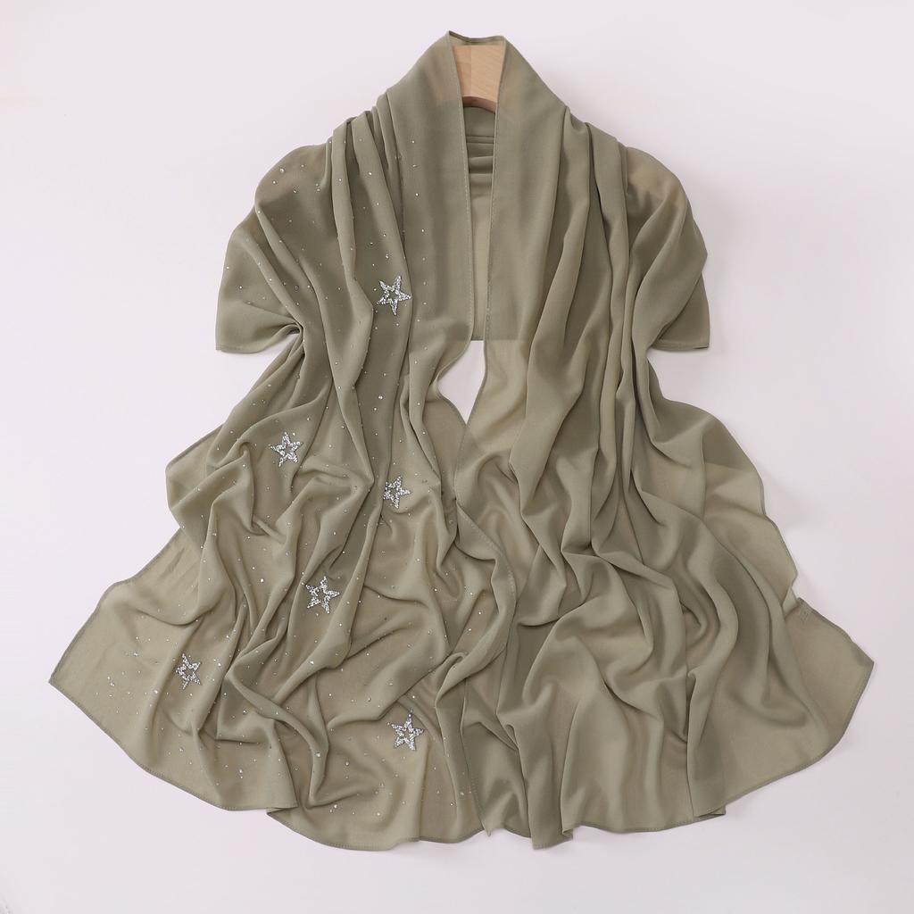 VigoAnne 2025 Lady Muslim Pentagram Hot Stamping Hijab Shawls Women Plain Scarf Chiffon Solid Islamic Turban Headband 175cm*70cm