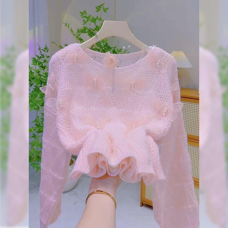 Spring/Summer Women's Hollow Knitted Sweater Thin Loose Design V-neck Knitted Top