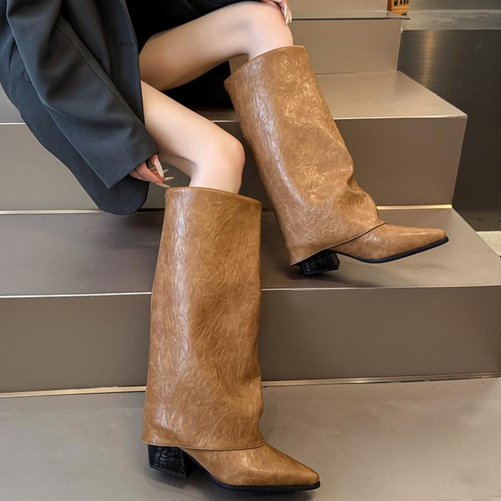 Fashion Women Pointed Toe High Boots Fashion Sexy Mid Heels Shoes Woman Chunky Trend Chelsea Boots Pumps Elegant Women's Boots