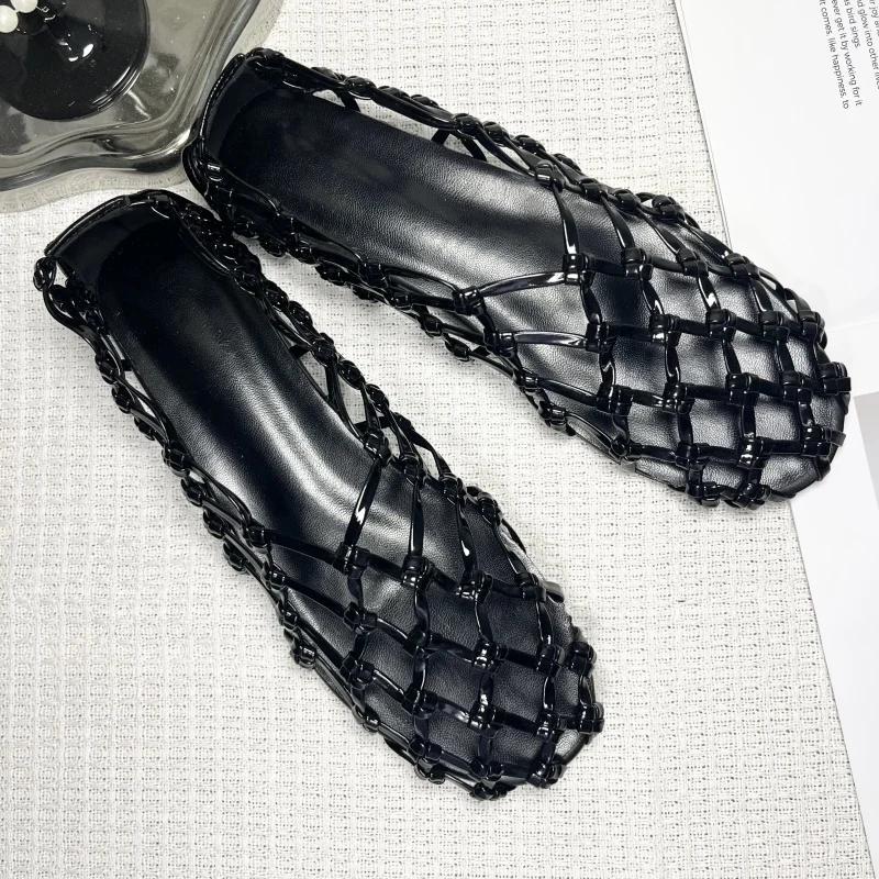 Fashion Women Jelly Flats Mesh Ballet Square Toe Fashion Slip-On Flats Lightweight Casual Slides Women Sandals Breathable Summer Beach