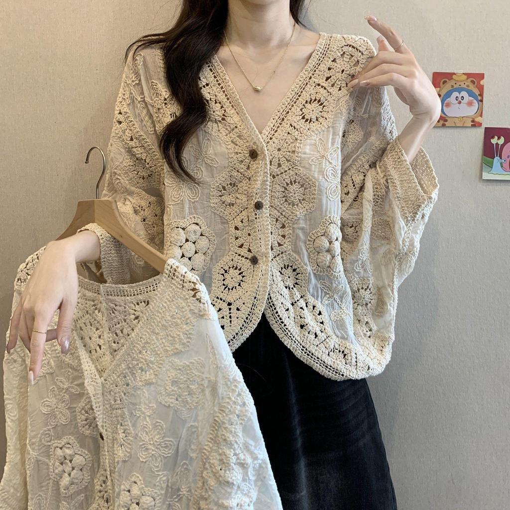 Bohemian Crochet Lace V-Neck Plus Size Sun Protection Cardigan for Women