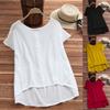Women Casual Loose Fit Solid Color Cotton Linen Short Sleeve Round Neck Top Lightweight Breathable Summer Blouse Comfortable Daily Wear