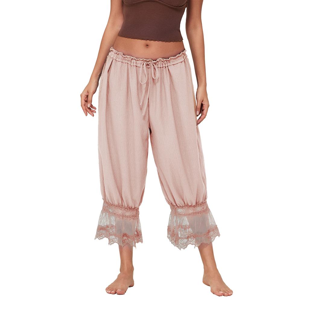 High Waist Wide Leg Pants with Lace Trim, Casual Boho Palazzo Trousers for Women