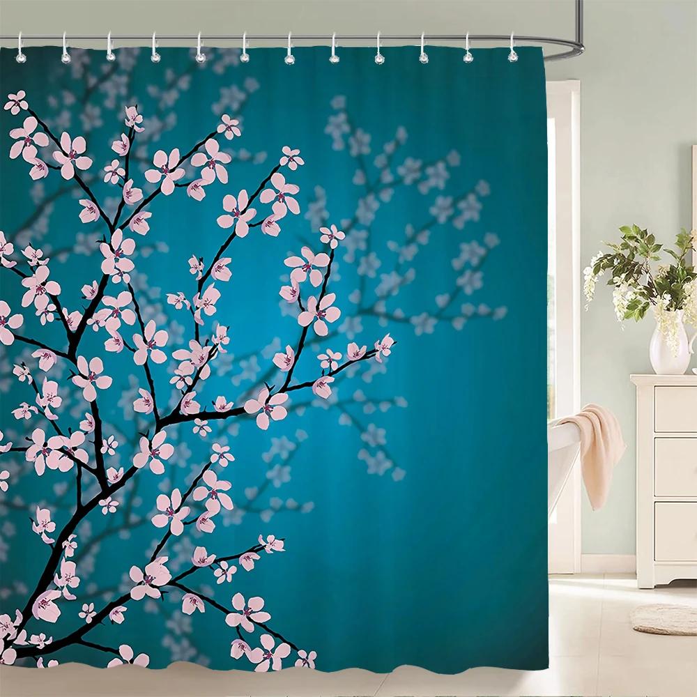 Duschvorhänge im chinesischen Stil mit Blumen und Vögeln, wasserdicht, Badezimmervorhang aus 3D-bedrucktem Stoff mit Haken, Dekoration, Duschvorhang