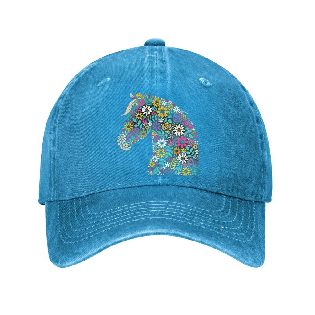 Floral Horse Head Print Washed Baseball Cap Denim Casual Adjustable Sun Protection Dad Hat
