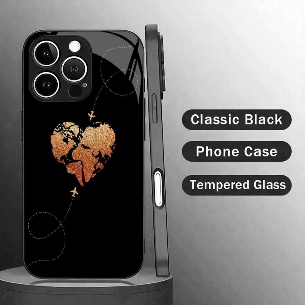 Glitter World Map Heart mobile phones Glass phone case for iphone 17 pro max cover for iPhone 17 16 15 14 13 12 11pm Pro Plus