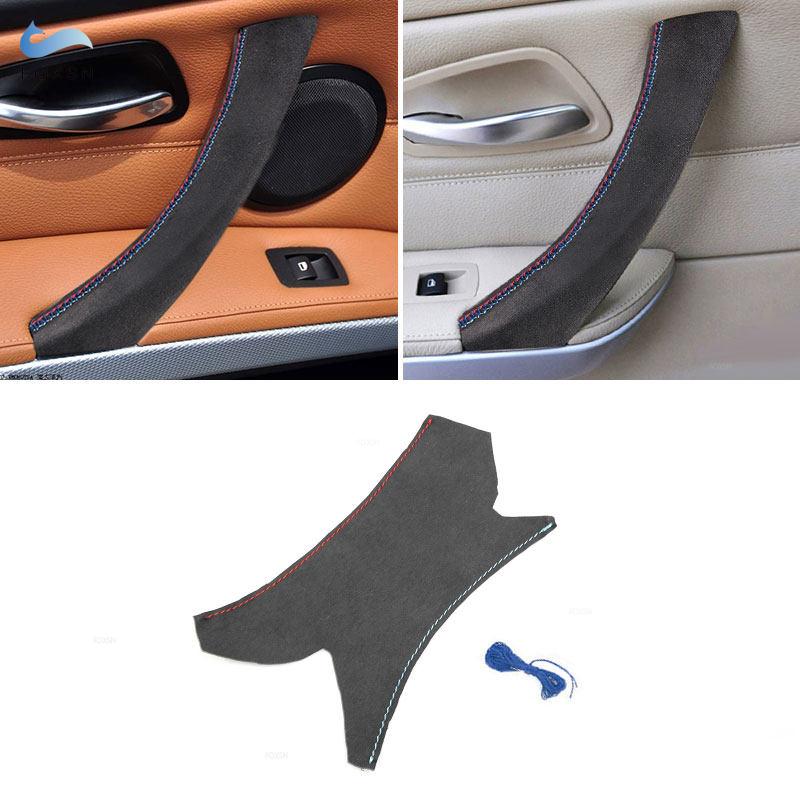 Copertura Maniglia Porta Interna Sinistra Auto Cucita a Mano Filo Rosso Blu Copertura Rivestimento in Pelle Scamosciata Per BMW Serie 3 E90 E91 325 330