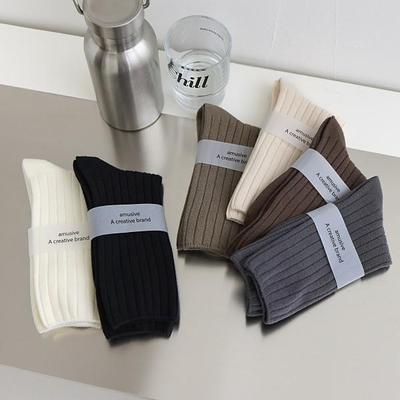 Damen Socken im japanischen Stil, mittellang, doppelnadelgestrickt, aus gekämmter Baumwolle - Herbst/Winter, atmungsaktiv, vielseitig, einfarbig