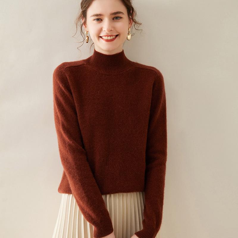 Women's Cashmere Half High Neck Sweater – Thick, Solid Color, Loose Fit for Autumn/Winter.