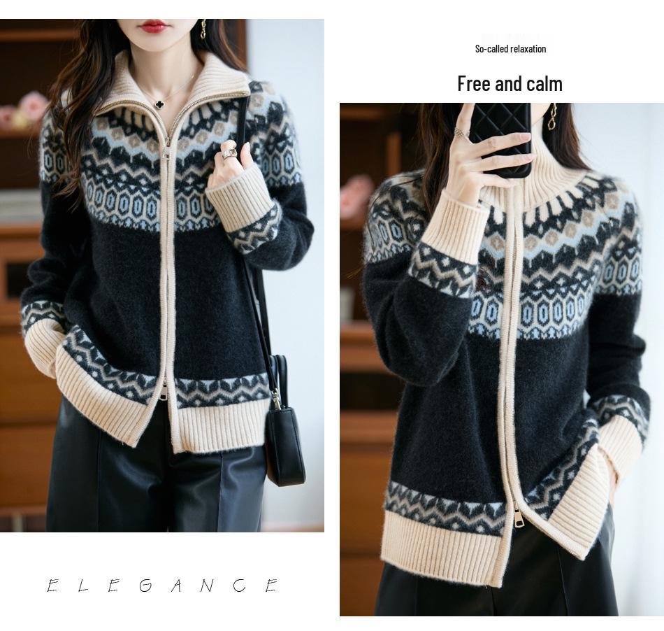 Women's Thickened Fair Isle Pure Wool Cardigan – Loose Knit Sweater Coat for Autumn & Winter