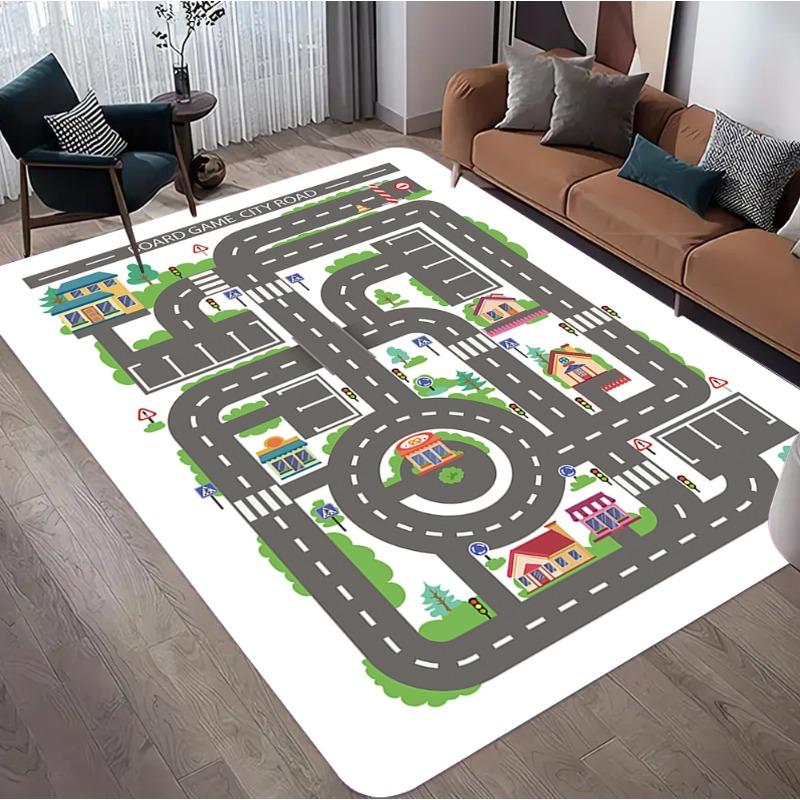 Funny City Road Print Kids Play Rug Road Traffic Pattern Non-Slip Soft Carpet Modern Home Floor Decor Mat for Children's Room