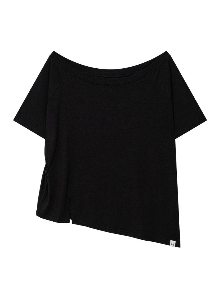 Eogeulliswedou Asymmetrical Button Shoulder Top (Black)