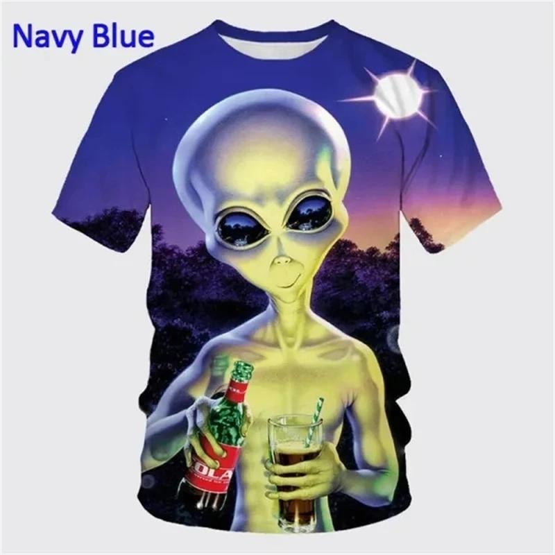 Fashionable New Casual Short Sleeved Alien Fun Pattern Men's T-shirt Alien 3D Printed Street Round Neck Short Sleeved Top