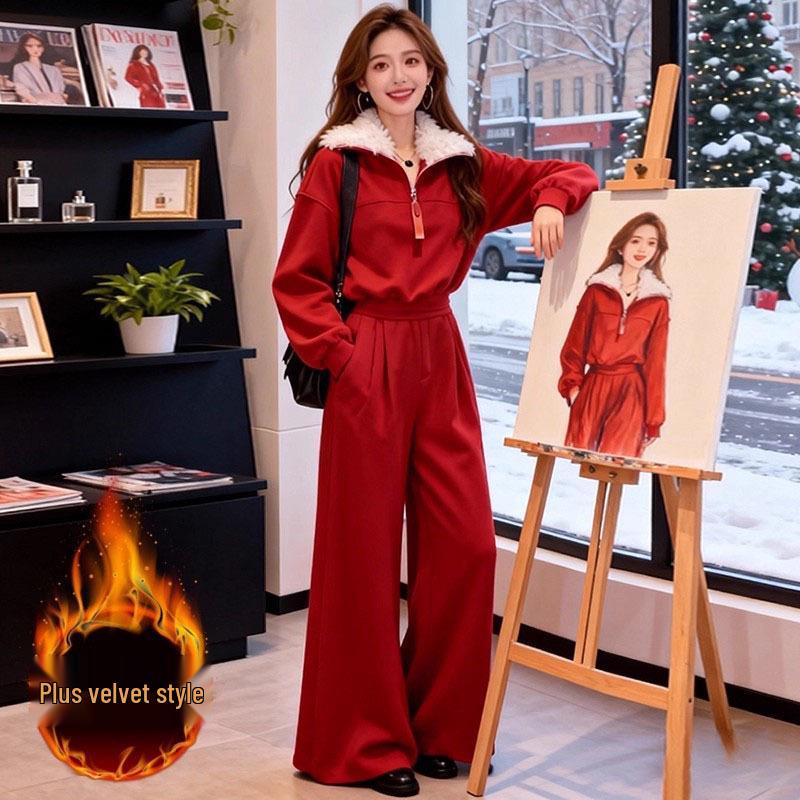 

Women s Red Series Velvet Hoodie and Sportswear Set – Stylish, Age-Reducing Two-Piece for Autumn/Winter XXL