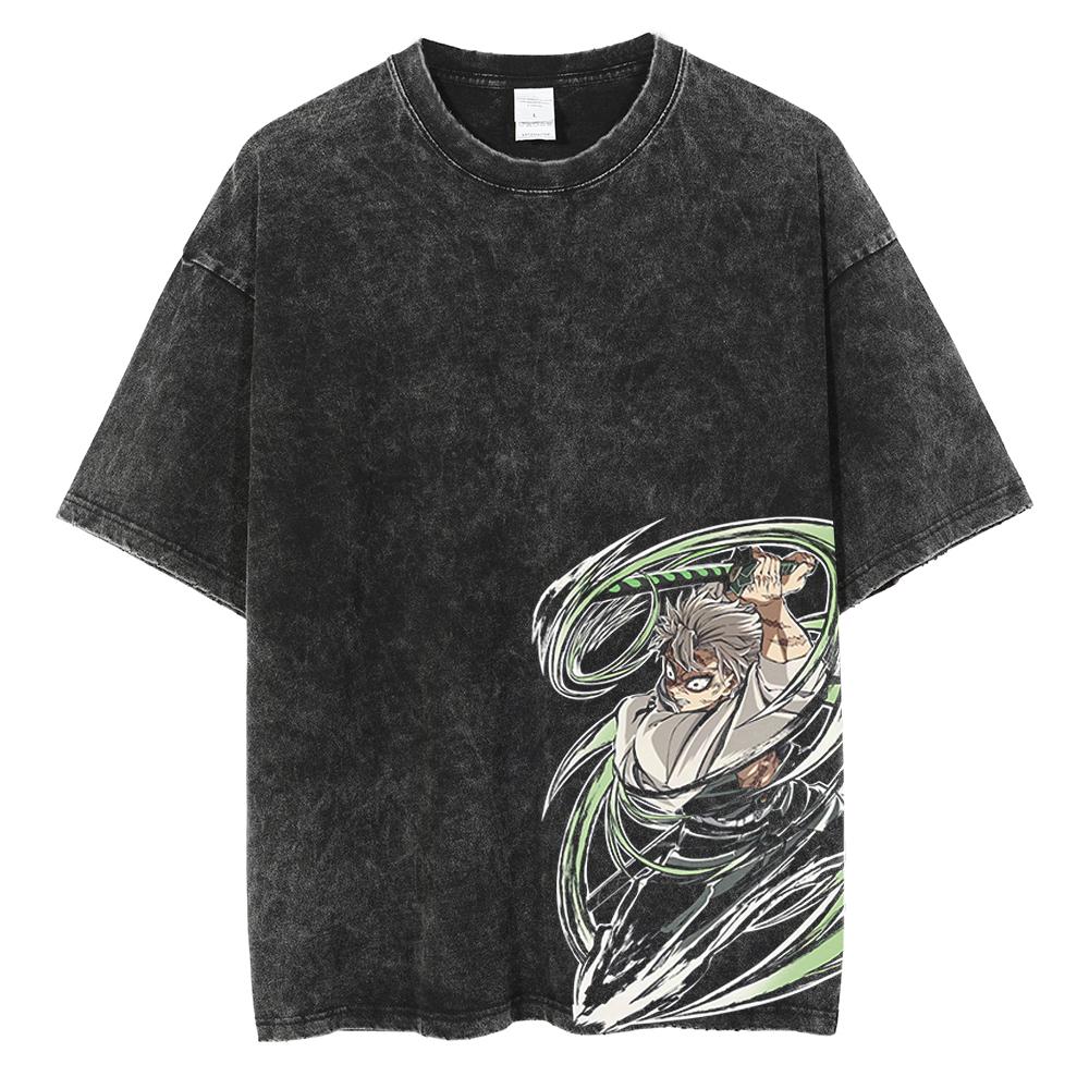 Hot Anime Demon Slayer Kamado Tanjirou Graphic Print T Shirt Men Manga Tshirts Washed Cotton T-shirt Harajuku Male Vintage Tee