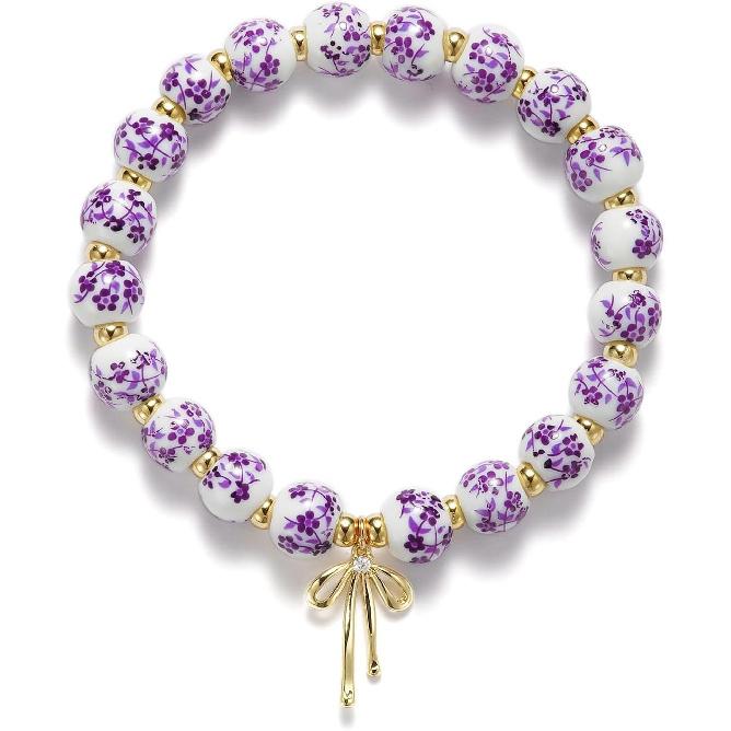 Beaded Bracelets for Women,Bow Charm Blue Flower Gold Plated Jewelry Women