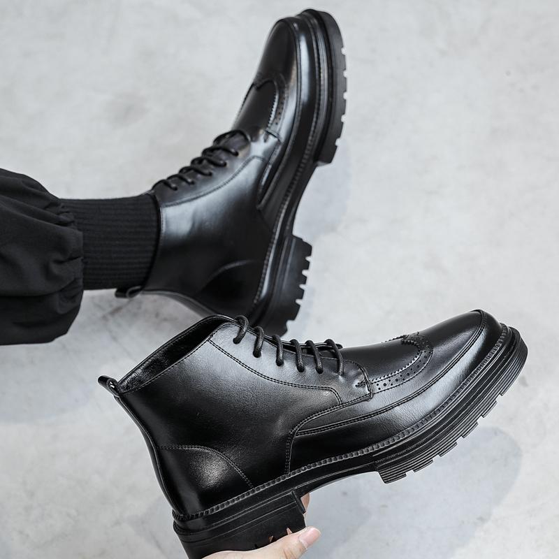 High Top Black Brogues Classic Retro Style Comfy Breathable Chelsea Boots Men Autumn Boots Fashion Shoes Men Winter Plush Warm