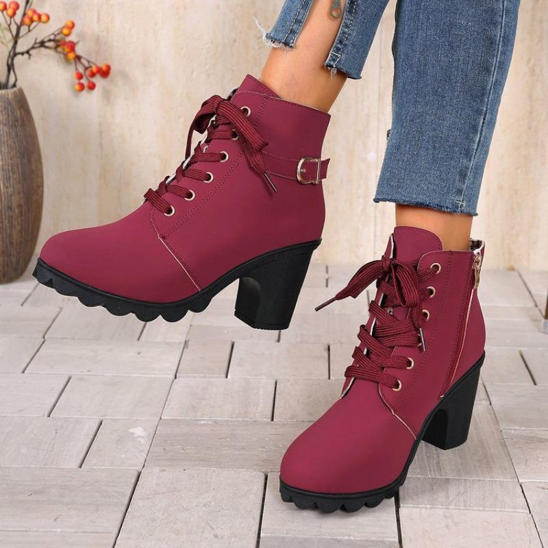 Coarse Heel Short Boots Round Head Lace-up and Bare Boots New High Heel Side Zipper Martin Boots Women's Single Boots Belt