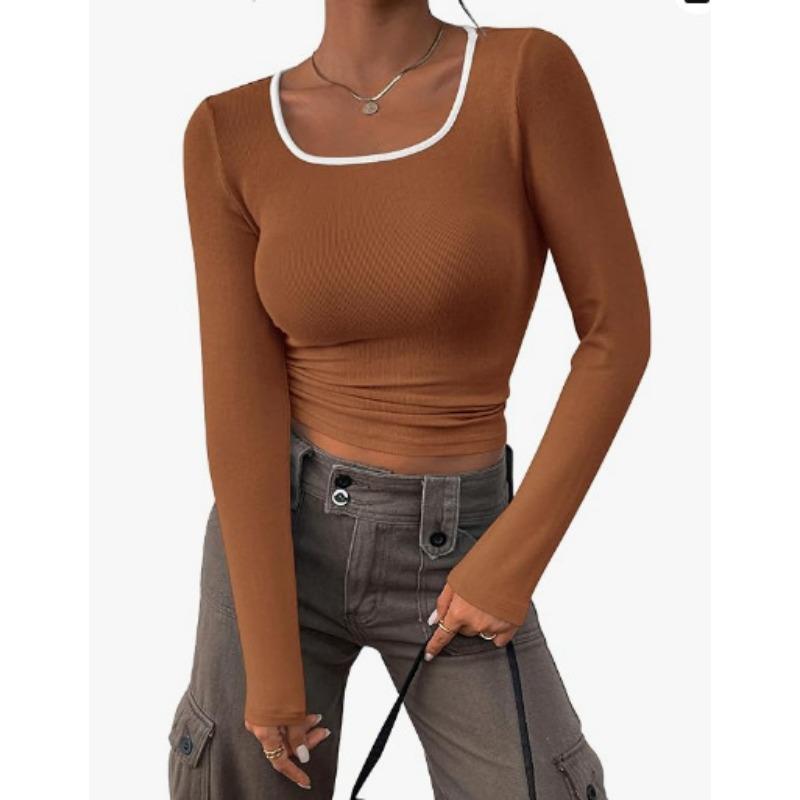 

Женская футболка с длинными рукавами и глубоким вырезом, тонкая трикотажная футболка в рубчик, весна-осень, цветные блоки XXL верблюд