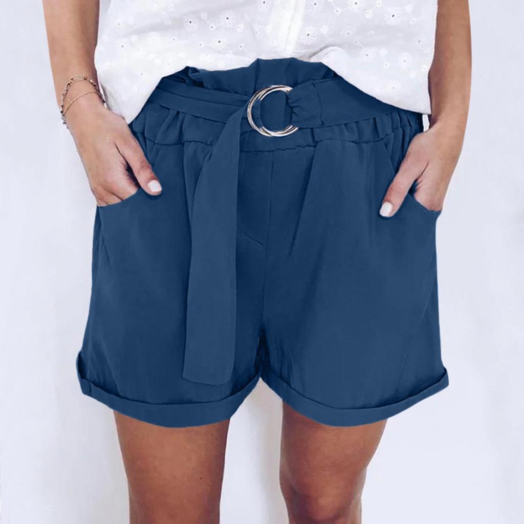 Women's Summer Relaxed Solid Color Tie Elastic Pocket Casual Shorts Pants