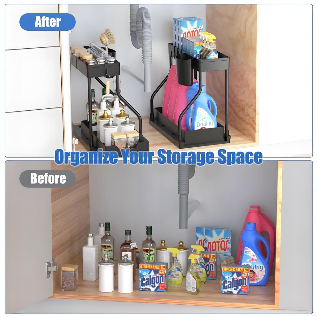 Under Sink Pull-Out Organizer | Rust-Resistant Carbon Steel Tray with Hooks | No-Tool Assembly for Bathroom & Kitchen Cabinets