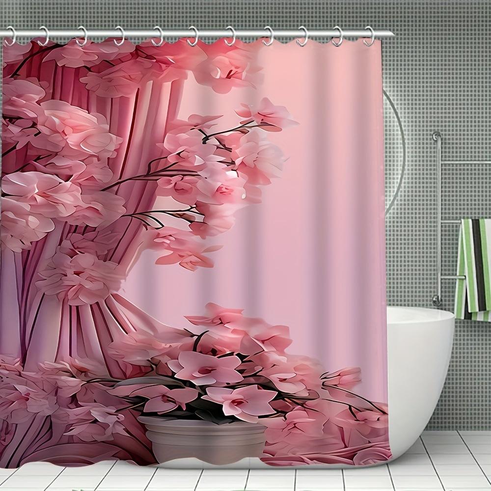Tume Supply Bathroom Four-Piece Pink Flower Curtain Pattern Shower Curtain Floor Mat Toilet Mat Set