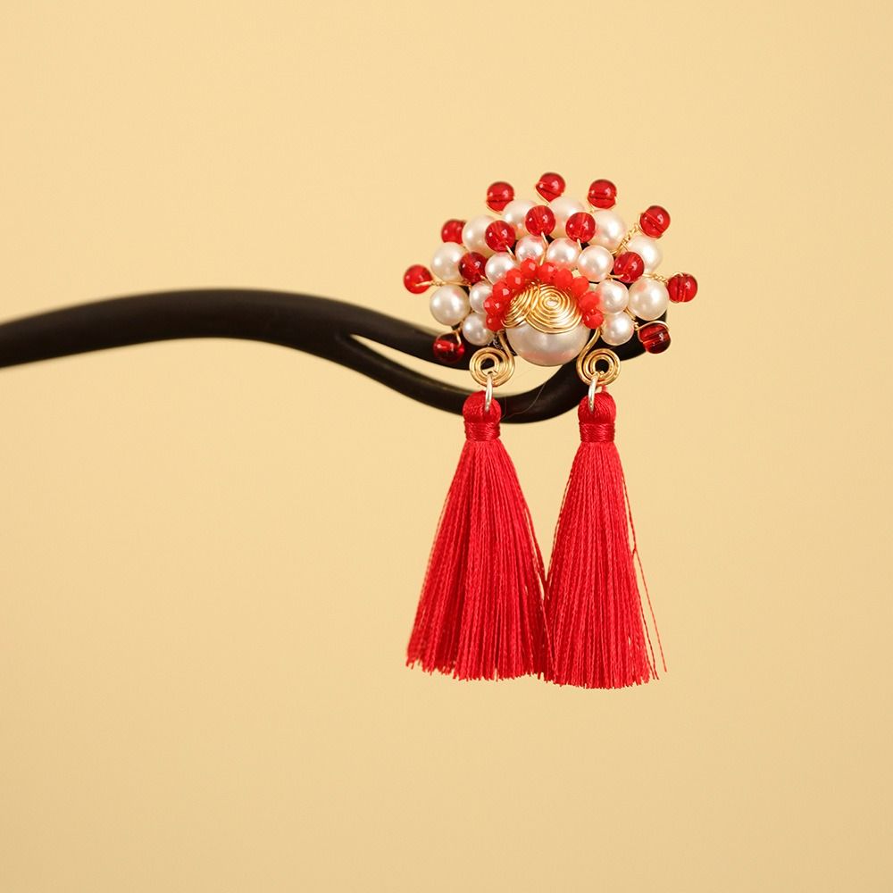 Red Wooden Hair Stick Tassel Hanfu Hairpin Classical New Chinese Style Hair Clip  Bridal