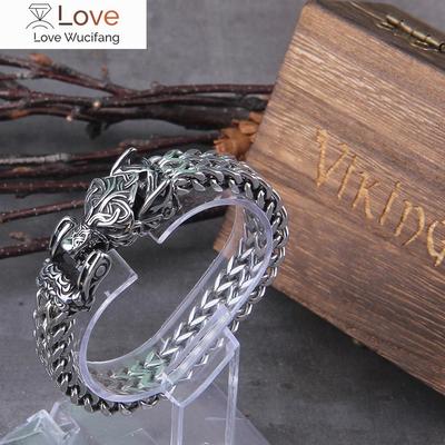 Never Fade Rock Náramek Viking Wolf Pánský Síťovaný řetízek z nerezové oceli, který dokáže otevřít vlčí ústa Punkové náramky Biker šperky