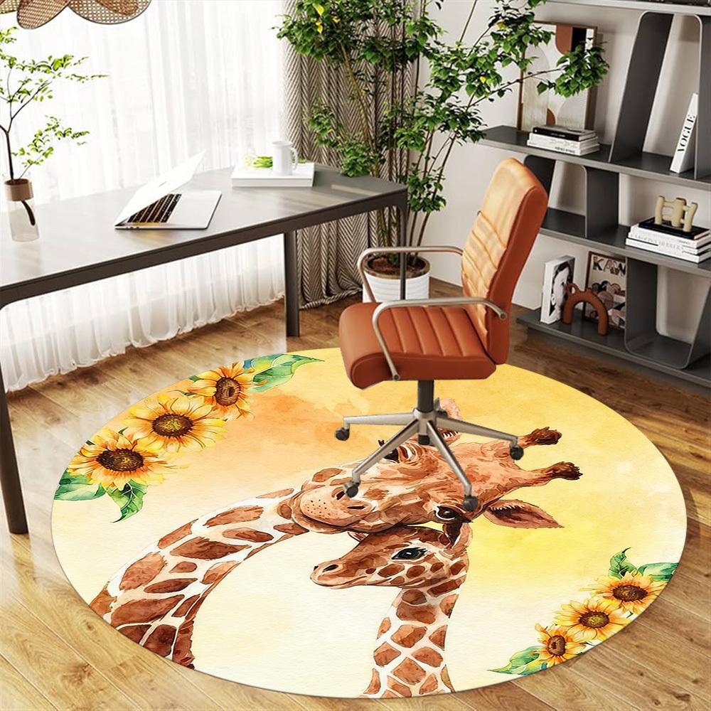 1pc Giraffe Sunflower Round Chair mat office Area Rug - Non-Slip, Floor Mat for Office, Bedroom, and Indoor Decor p127284