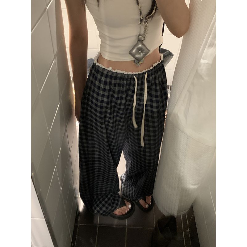 Kumikumi Idle Style Retro Gingham Elastic Waist Casual Pants Women's Clothing Autumn Stitching Lace Drooping Wide-Leg Pants