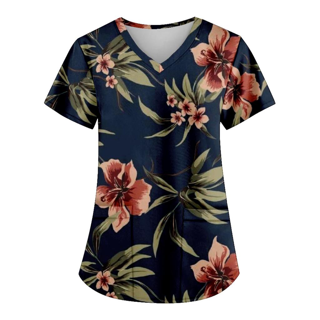 Modische bedruckte Damen-Arbeitsuniform mit Taschen-T-Shirt, kurzärmeliges Oberteil