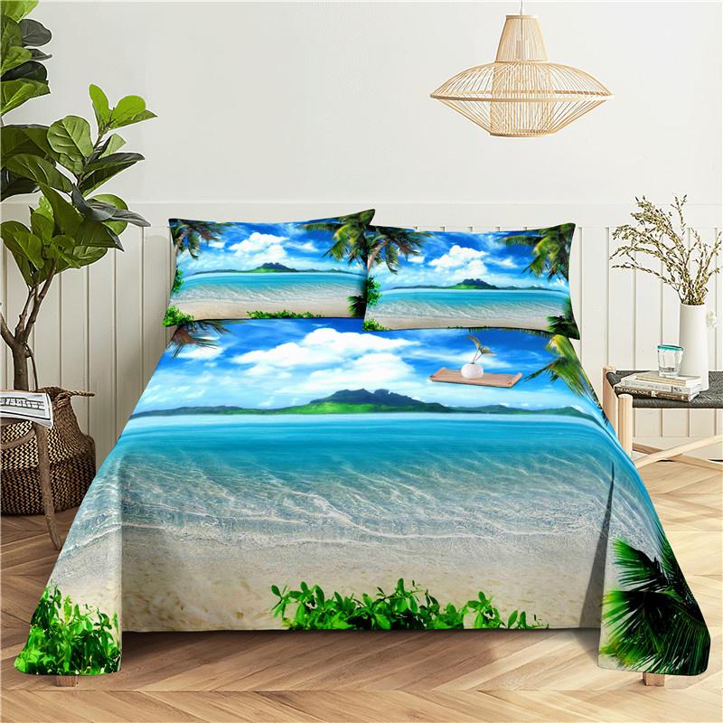 2/3Pcs Beach Bedding Sheet Home Digital Printing Polyester Bed Flat Sheet With Pillowcase Print Bed Sheet