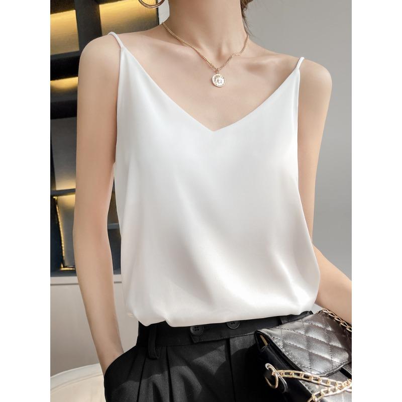 Camisola de seda para mujer, primavera y verano, escote en V ajustado, top interior de temperamento corto