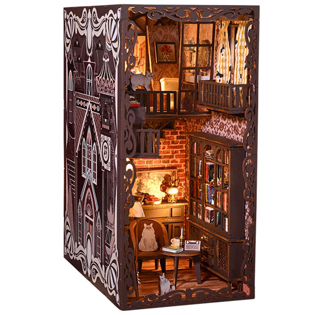 Kit de coin de livre DIY Puzzle 3D en bois Décor d'insertion d'étagère avec lumière LED à capteur Kit de modèle de maison de poupée miniature DIY pour enfants Adultes
