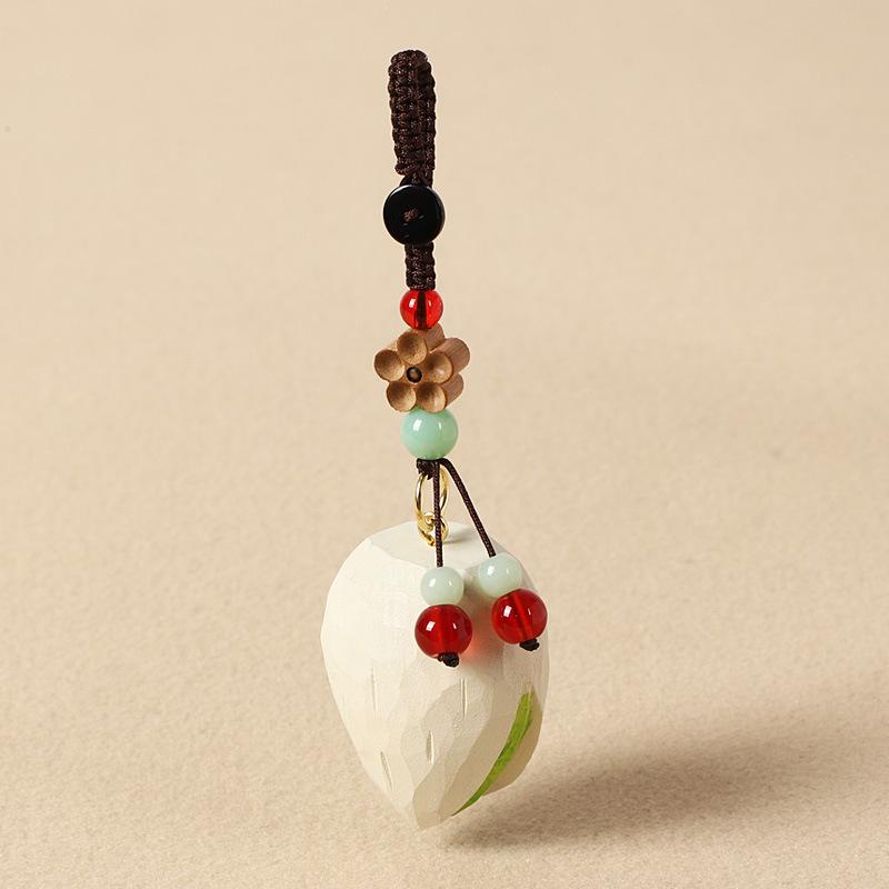 Hand-Carved Wood Pistachio Keychain, Cute Nut Pendant with Cherry Beads,Creative Pistachio Wood Keyring, Handcrafted Nut Charm with Flower