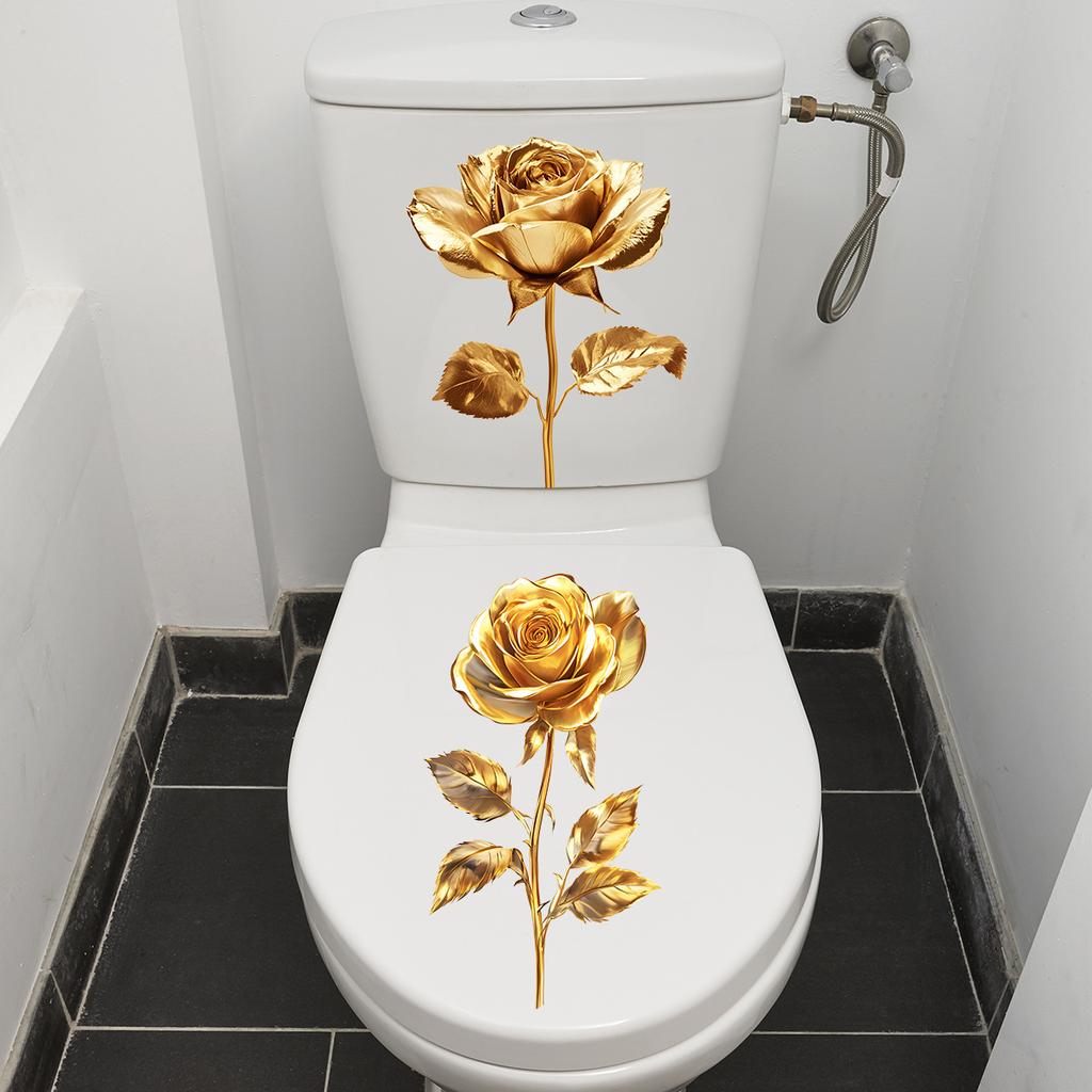 Golden Rose Toilet Seat Stickers Waterproof Self Adhesive Bathroom Decor Floral Decals Toilet Background Art Posters Decor