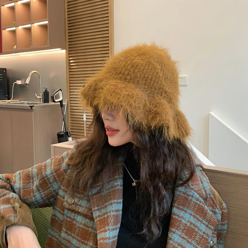 New autumn and winter pulling bucket hat, warm Korean version imitation mink plush hat, thick ear protector basin hat, knitted wool hat