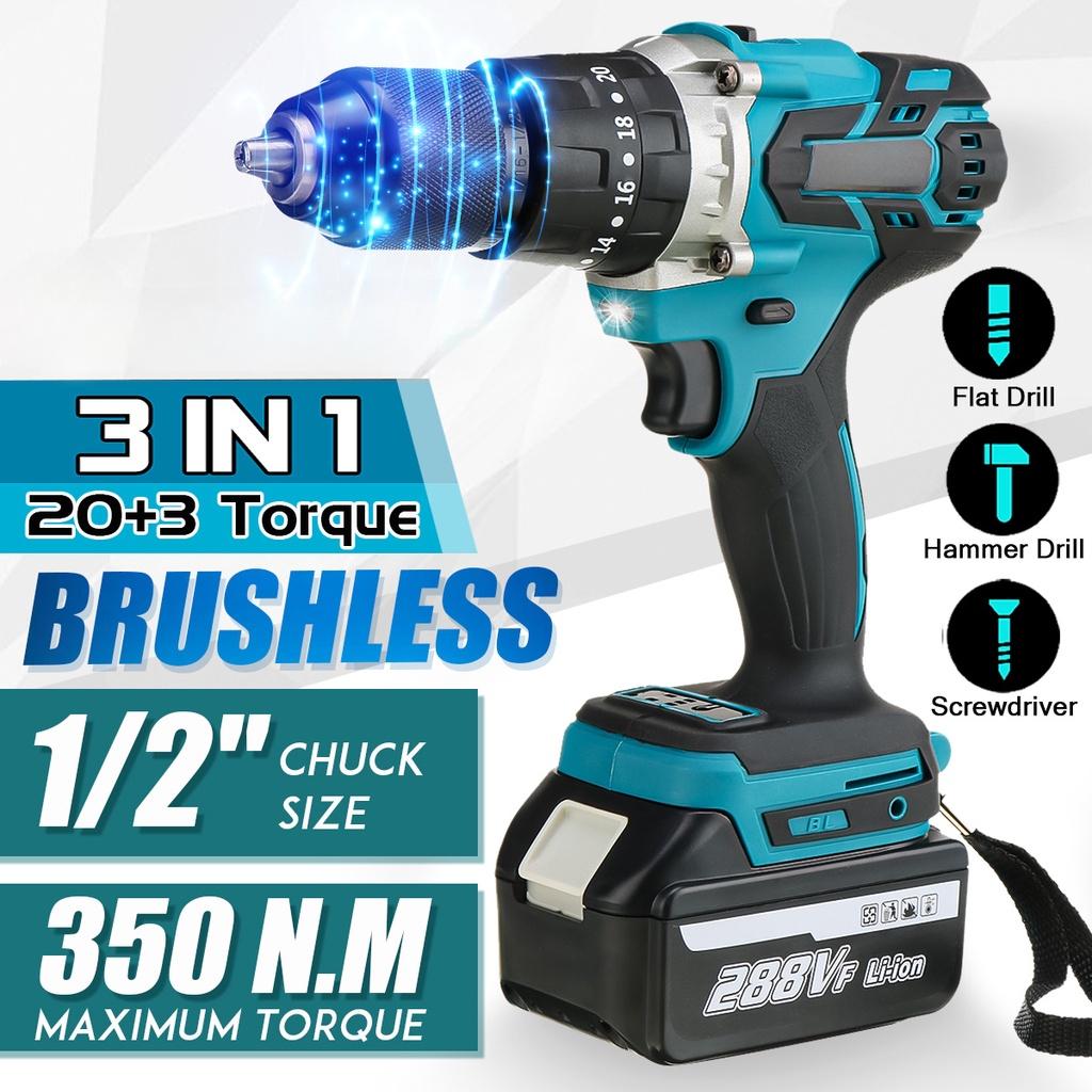 3 In 1 288V Brushless Electric Drill Screwdriver 20+3 Torque Variable Speed Cordless Hammer Impact Drill for 18V Battery