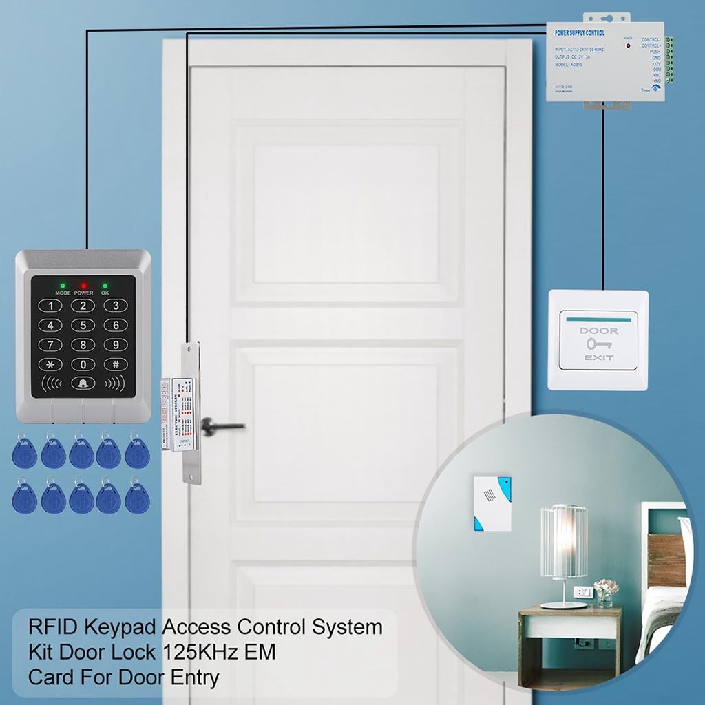Kit sistem de control al accesului cu tastatură RFID, încuietoare ușă, card EM 125KHz pentru intrare ușă