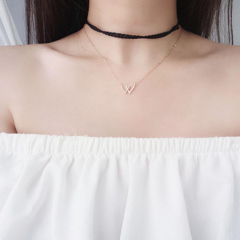 Korean Version of Fashion Double V Necklace Women's Diamond W Letter Collarbone Neck Chain Trendy Fashion Jewelry