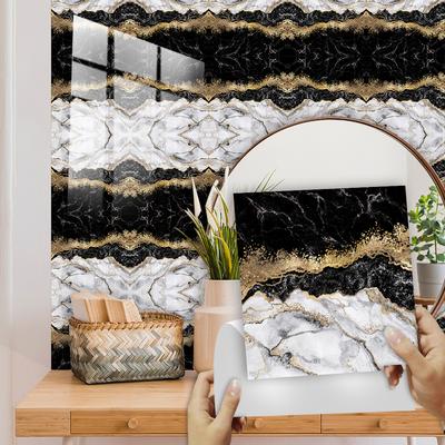 10pcs Black and White Marble Tiles Sticker Kitchen Backsplash TV Sofa Background Wall Oil-proof Peel & Stick Art Wall Decals