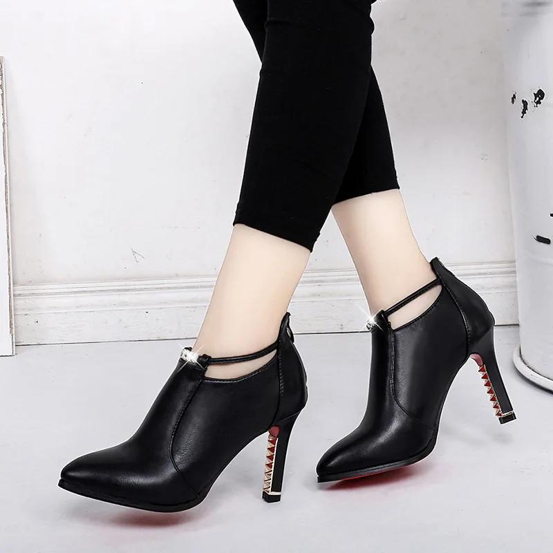 Women's Elegant Pointed Ankle Boots Autumn Winter Fashion Red Belt Buckle Pu Leather Short Boots Woman Thin Heeled Party Shoes
